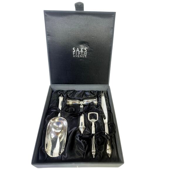 Saks Fifth Avenue Elegant 4 Piece Silver Plated Bar Set Black Satin Lined Case - Picture 1 of 6